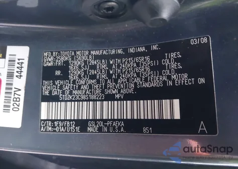 2008 Toyota Sienna Ce из США, поврежденный, VIN 5TDZK23C98S188223